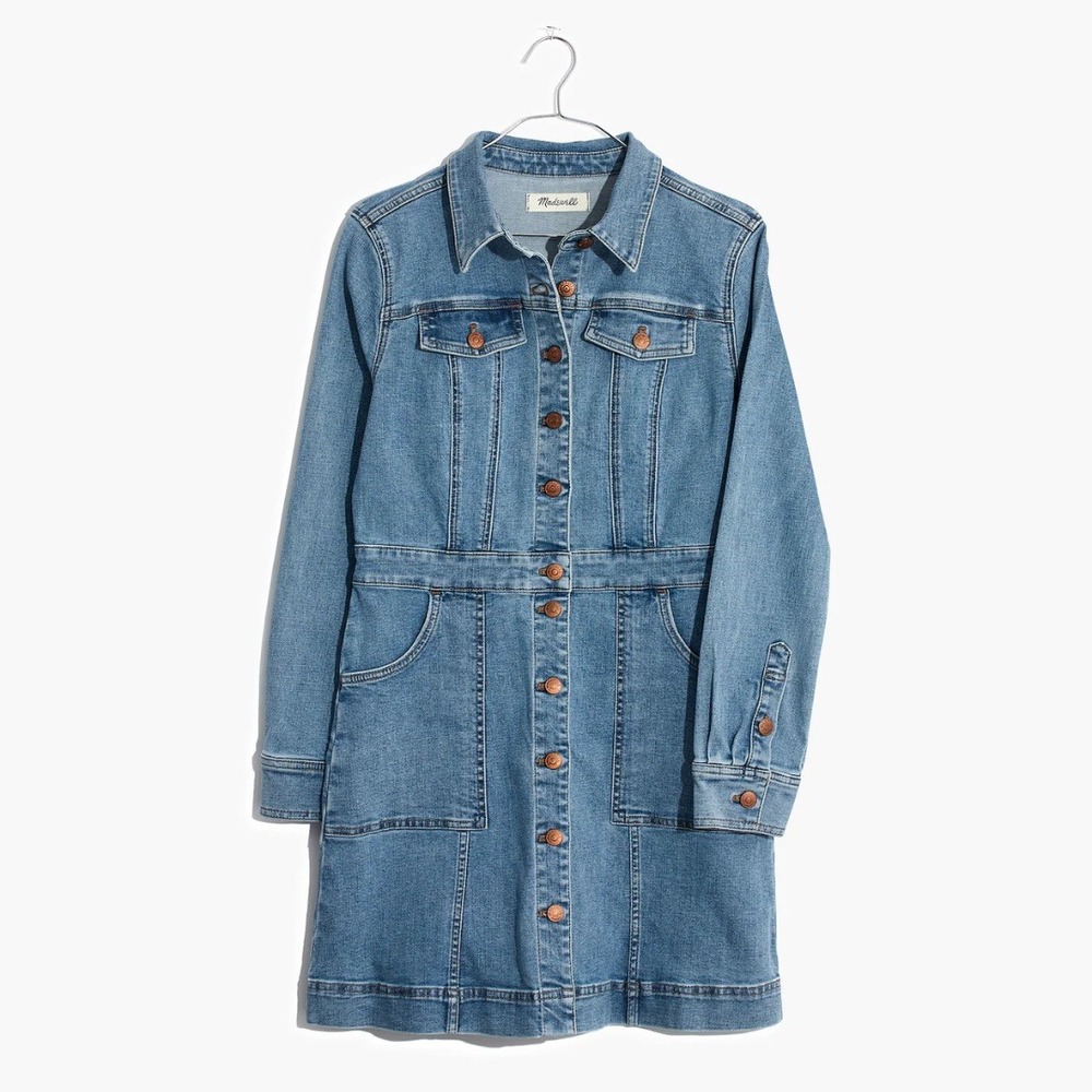 Madewell | Cotton Denim Structured Mini Shirt Dress in Medium Wash Blue Size 8